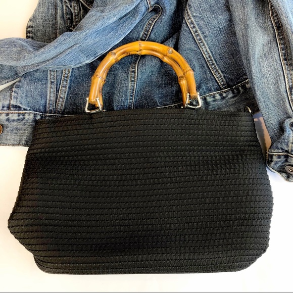 GUCCI Black Shopper Knit Bamboo Wood Handle Woven Leather Shoulder Bag